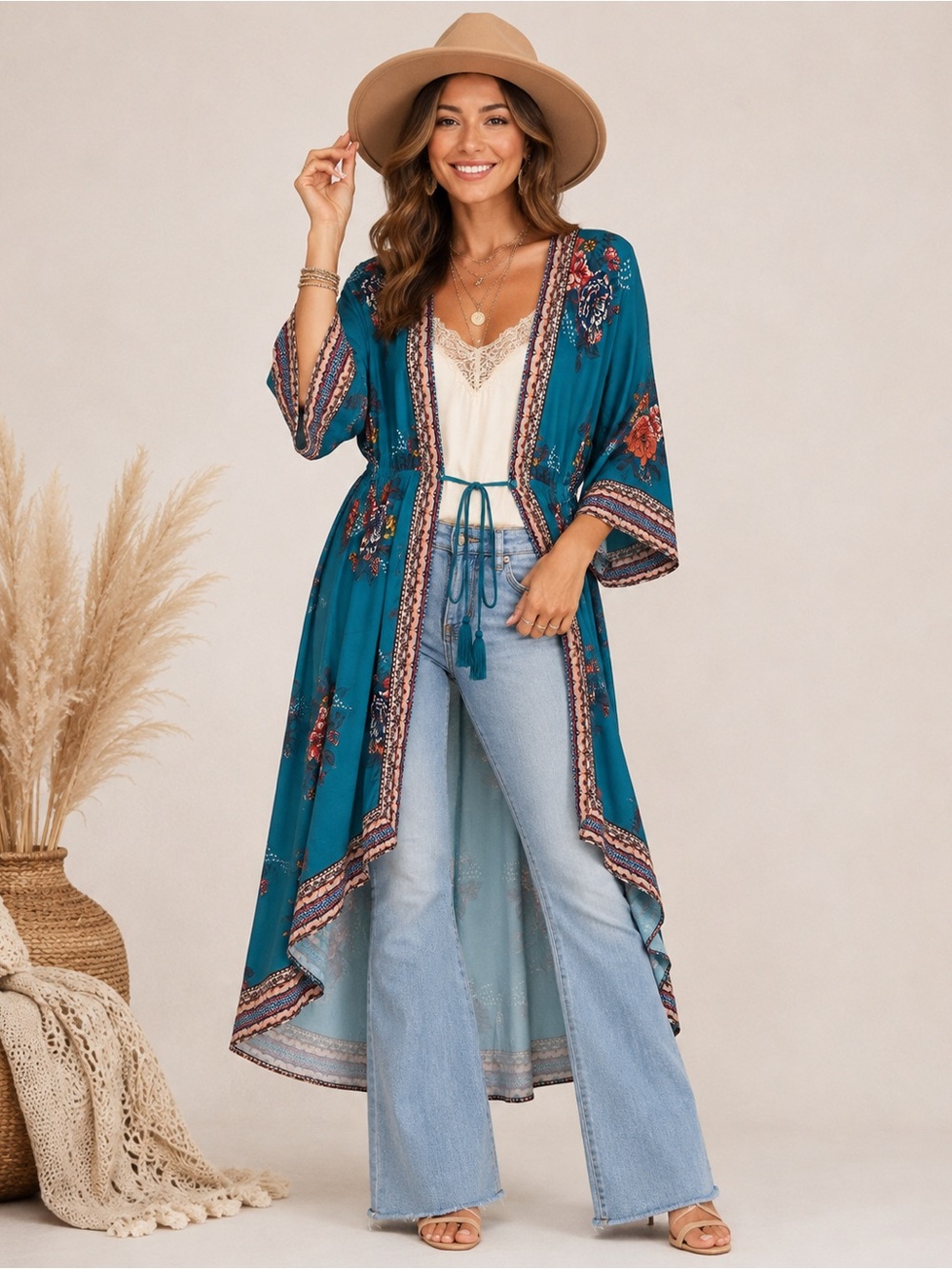 Flying Tomato L Teal Floral Boho Duster Kimono High Low Tie Waist - Picture 3 of 6